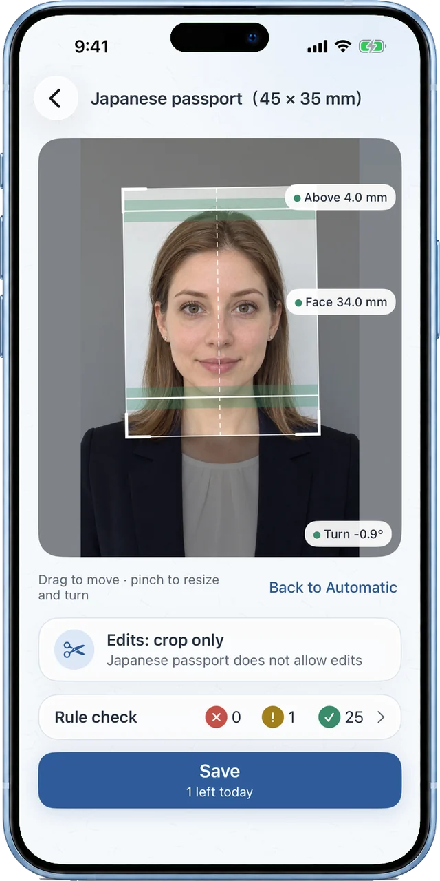 The app's fit screen for a passport photo (45 × 35 mm): the bands of the rules and the measured face size and space above the head