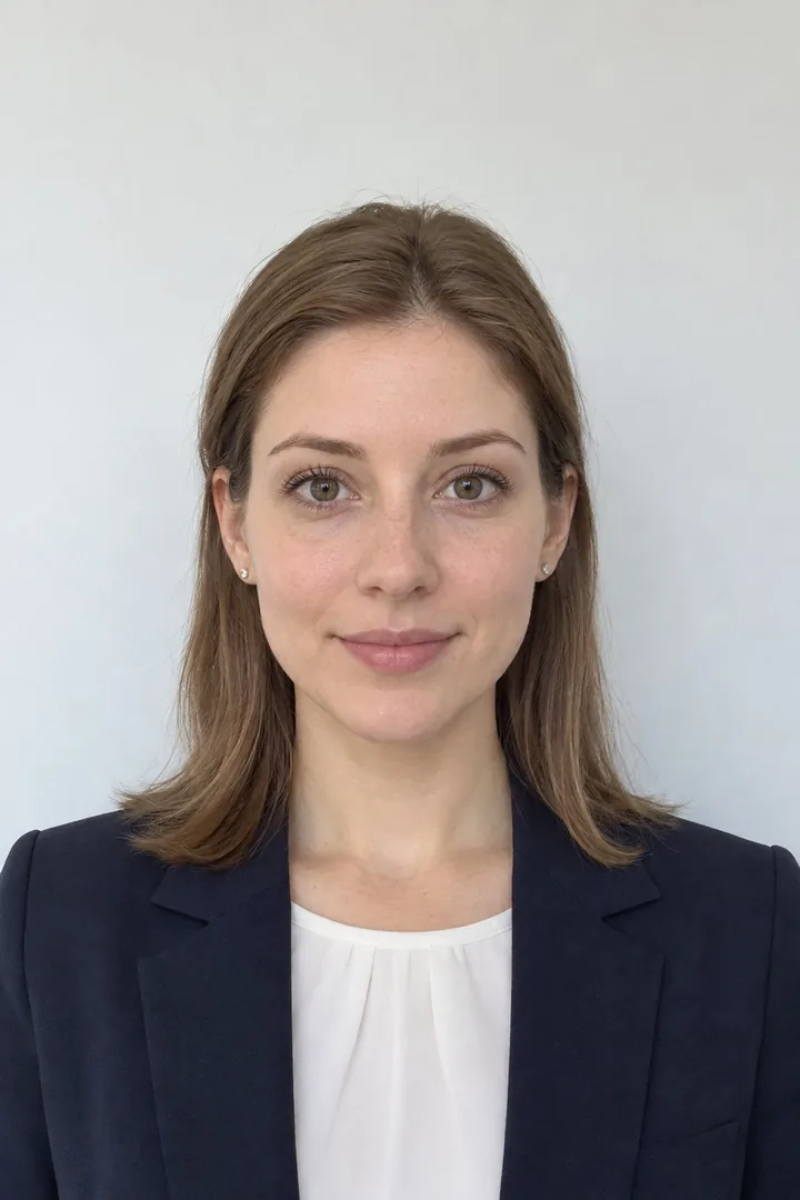 Sample: a woman in a suit, facing the camera in front of a plain, light wall