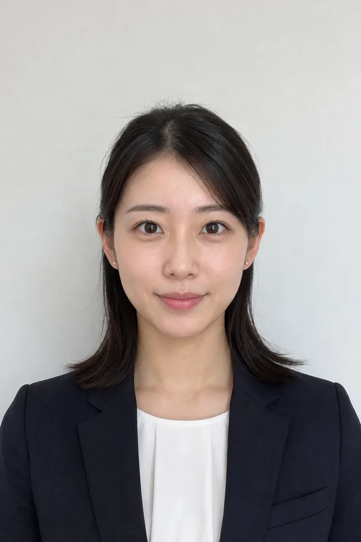 見本：無地の明るい壁の前で、正面を向いたスーツの女性